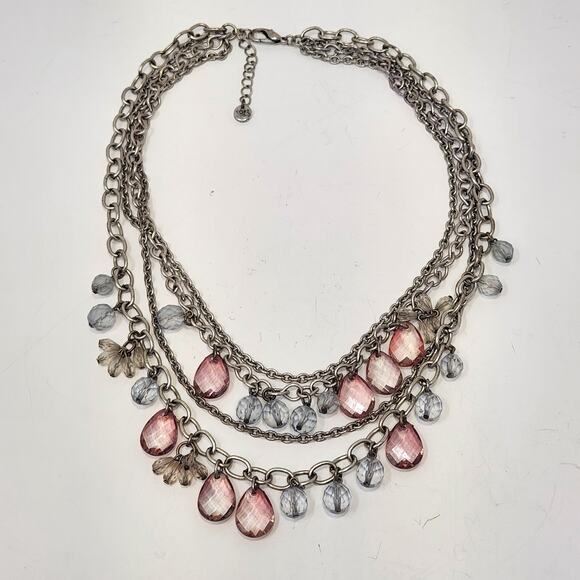 Ann Taylor Loft Layered Multi Chain Necklace Silver Tone Pink Blue Bead Workwear - Picture 3 of 6